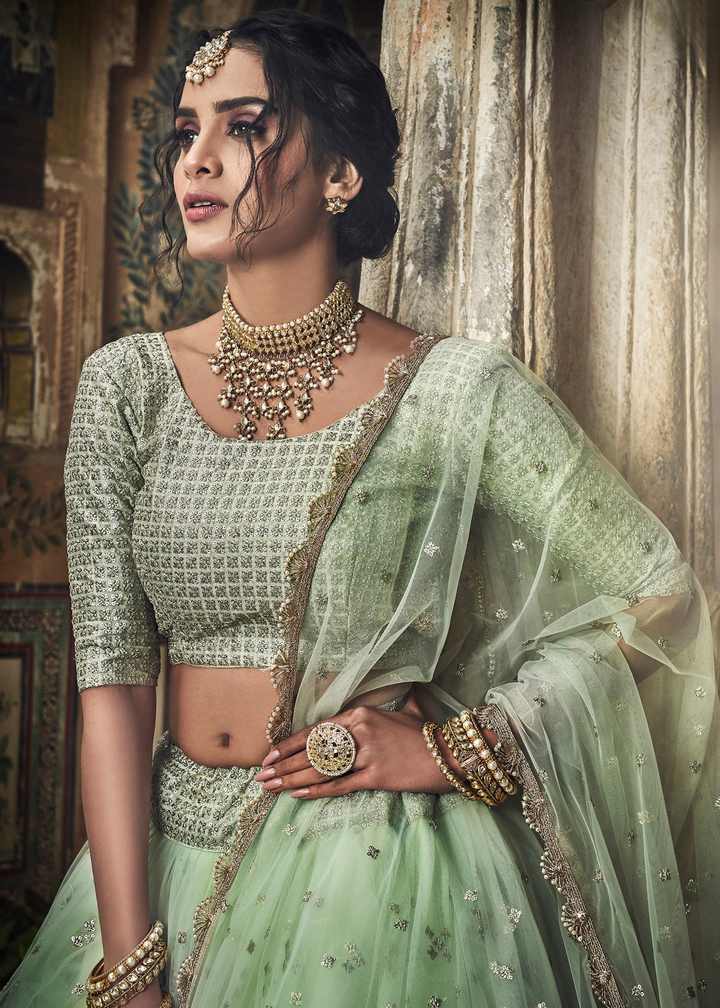 Sea Green Soft Net Lehenga with Sequins & Zari work