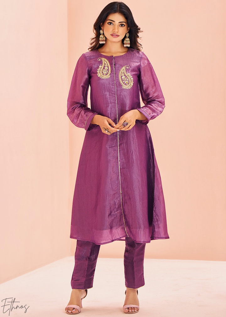 Plum Purple Paisley-Embroidered Organza Pant Suit