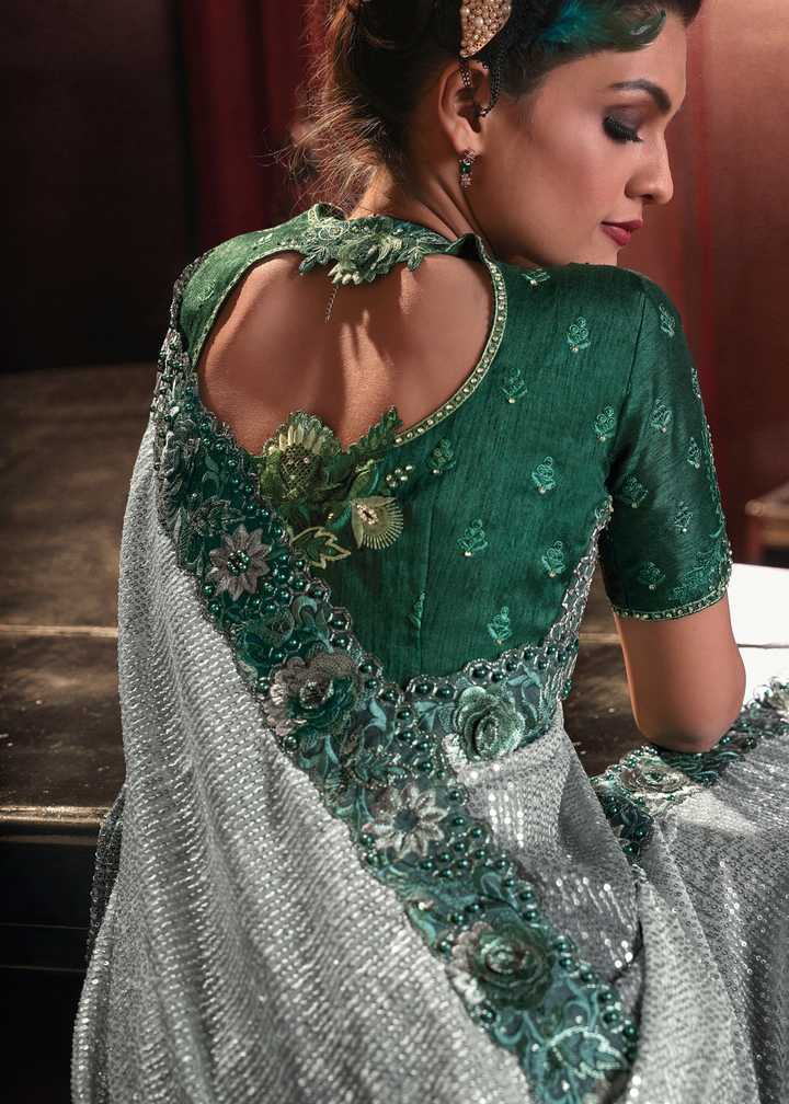 Shades Of Green Digital Net Saree with Thread, Sequence,Zarkan,Moti and Flower Applique work