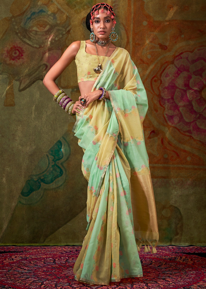 Mint Green And Yellow Cotton Silk Saree With Rangkaat Handloom Weaving