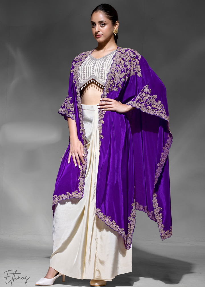 Purple Crepe Silk Skirt With Shrug