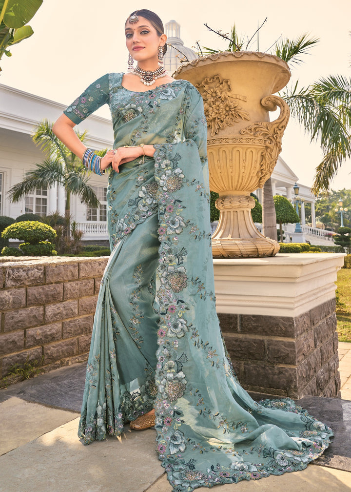 Sea Green Pure Orgenza Saree With Thread Work