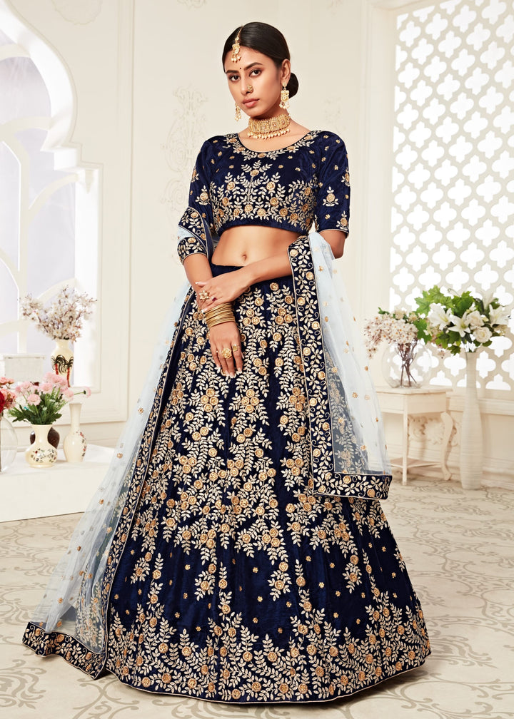 Navy Blue Velvet Lehenga With Zari & Thread embroidery With Diamond Work