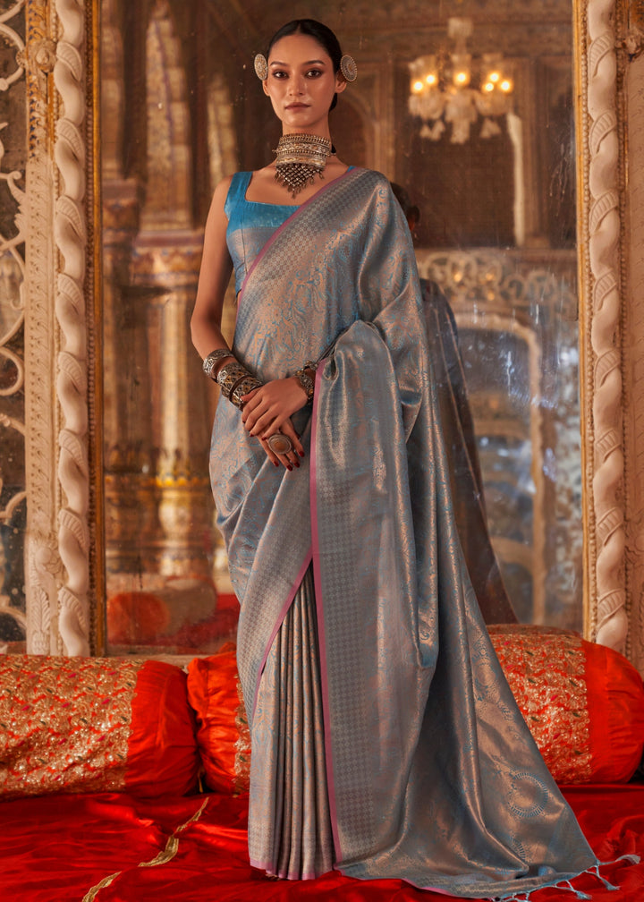 Azure Blue Handloom Weaving Silk Saree