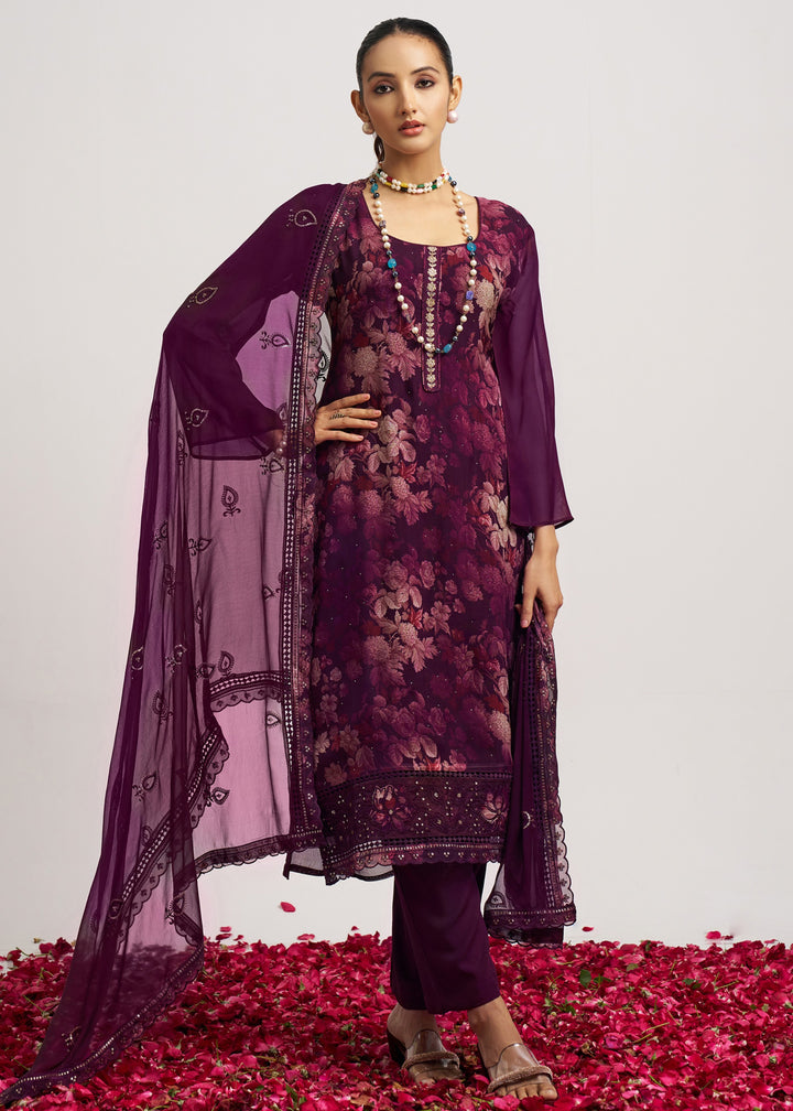 Sangria Purple Organza Pant Style Suit WIth Chiffon Dupatta