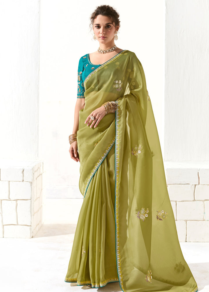 Apple Green Organza Tissue Silk Saree