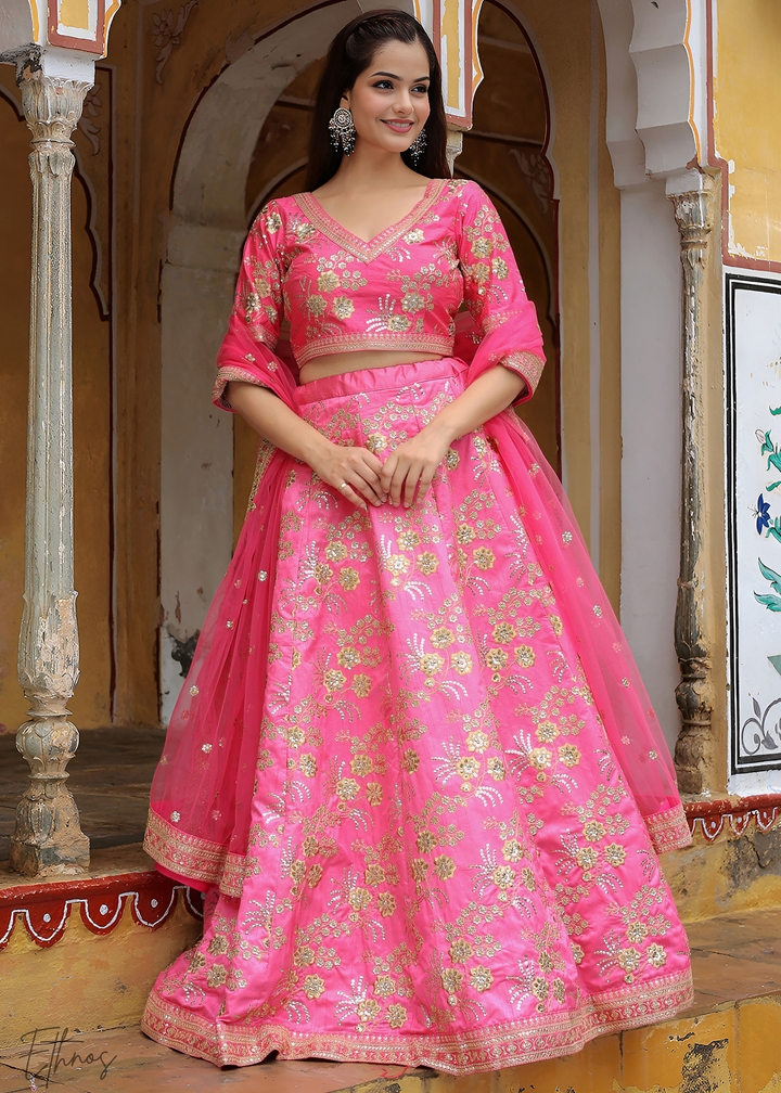 Neon Pink Slub Silk Lehenga With Dupatta
