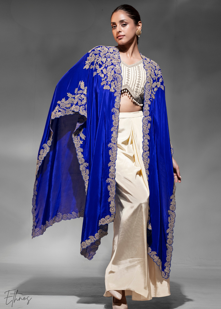 Blue Crepe Silk Skirt With Shrug