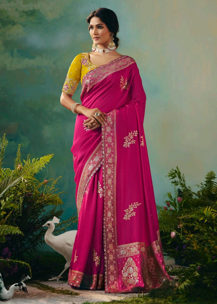 Fuchsia Pink Pure Viscose Dola Silk Saree with Zari Weaving & Embroidered Blouse