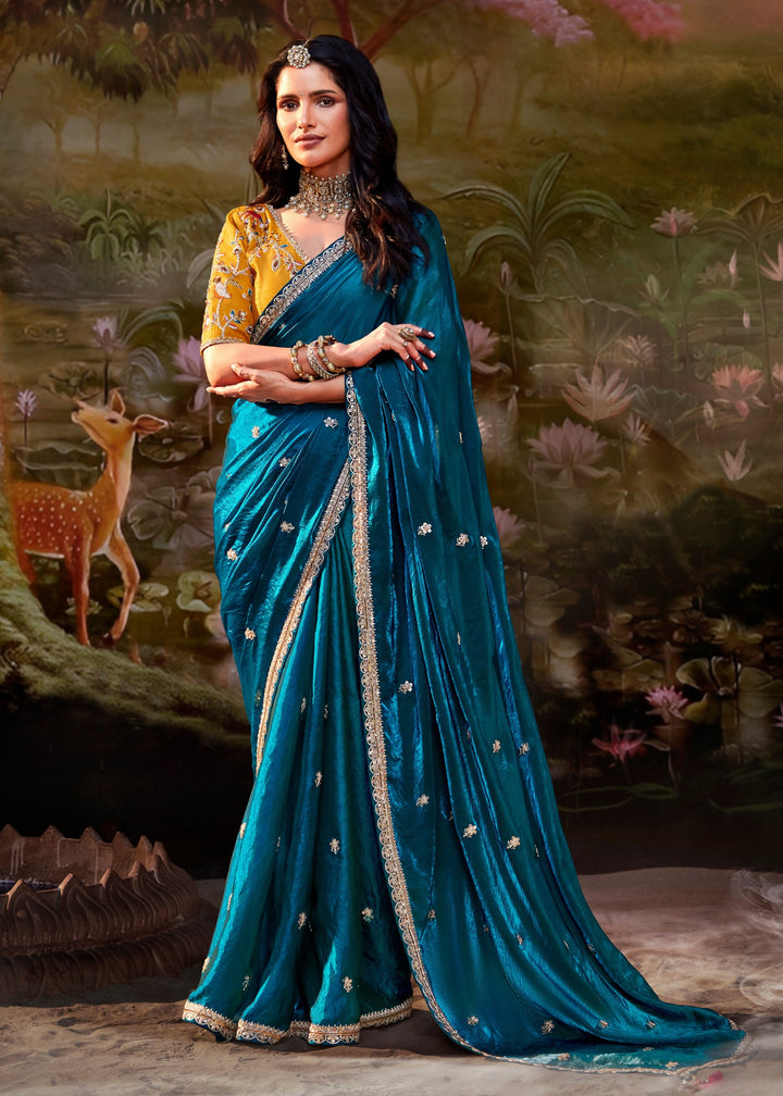 Mustard And Teal Blue Saree With Embroidery And Handwork Designer Cut Border