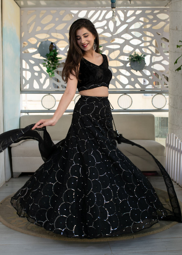 Ink Black Georgette Lehenga Choli With Sequins Zari Embroidered Work