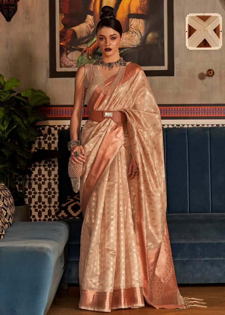 Golden Copper Silver & Gold Zari Base Handloom Weaving Tissue Saree
