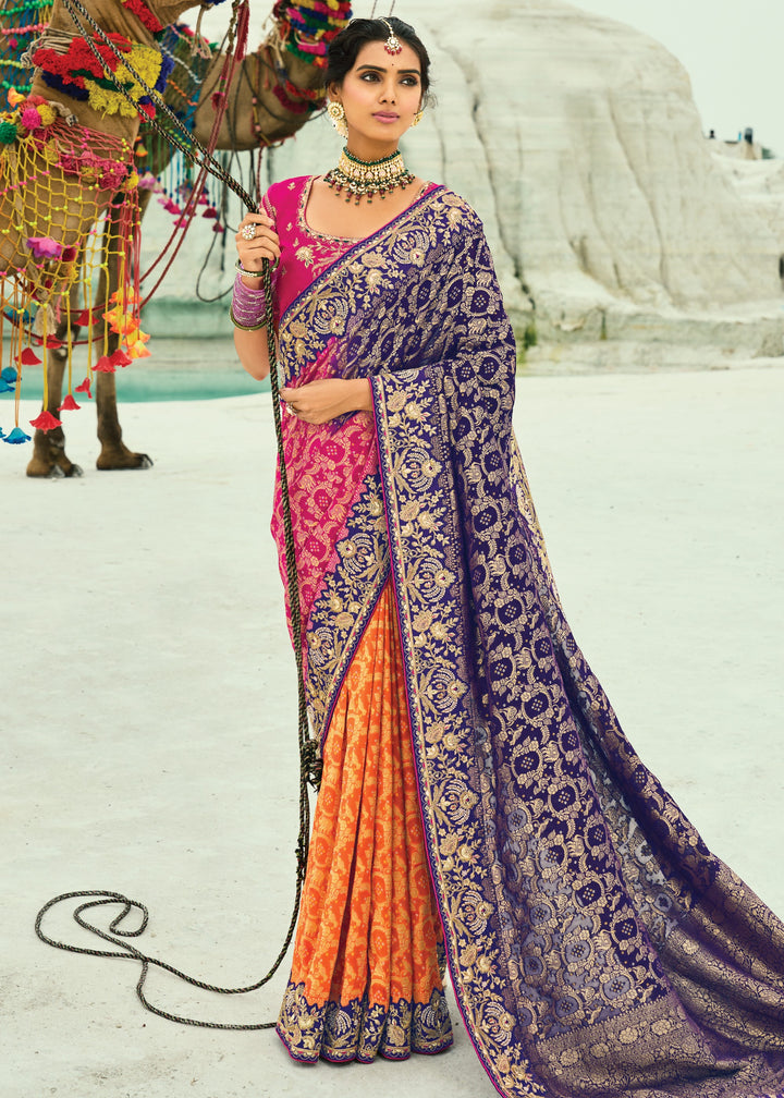 Orange & Blue Georgette Bandhej Saree With Moti & Cut-Dana Handwork Border