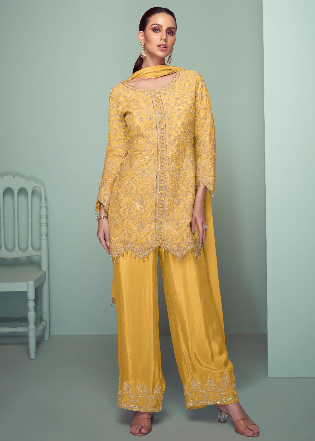 Canary Yellow Chinnon Silk Palazzo Suit