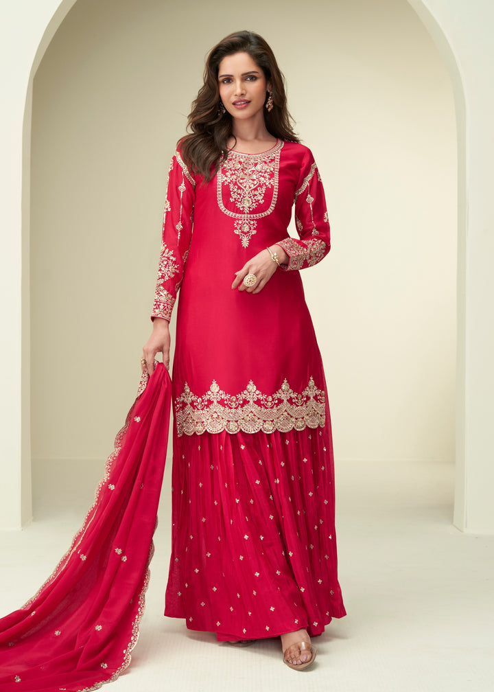 Bright Red With Golden Embroidery Chinnon Silk Salwar Suit