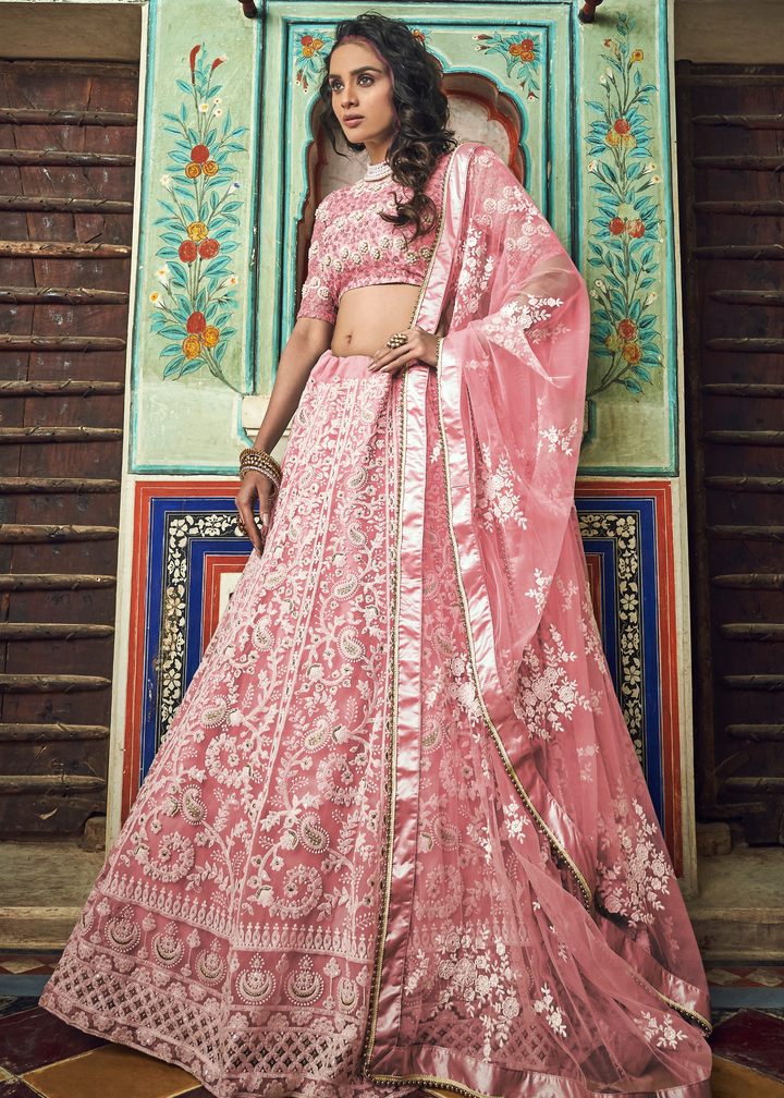 Crepe Pink Soft Net Lehenga Choli with Thread & Pearl work
