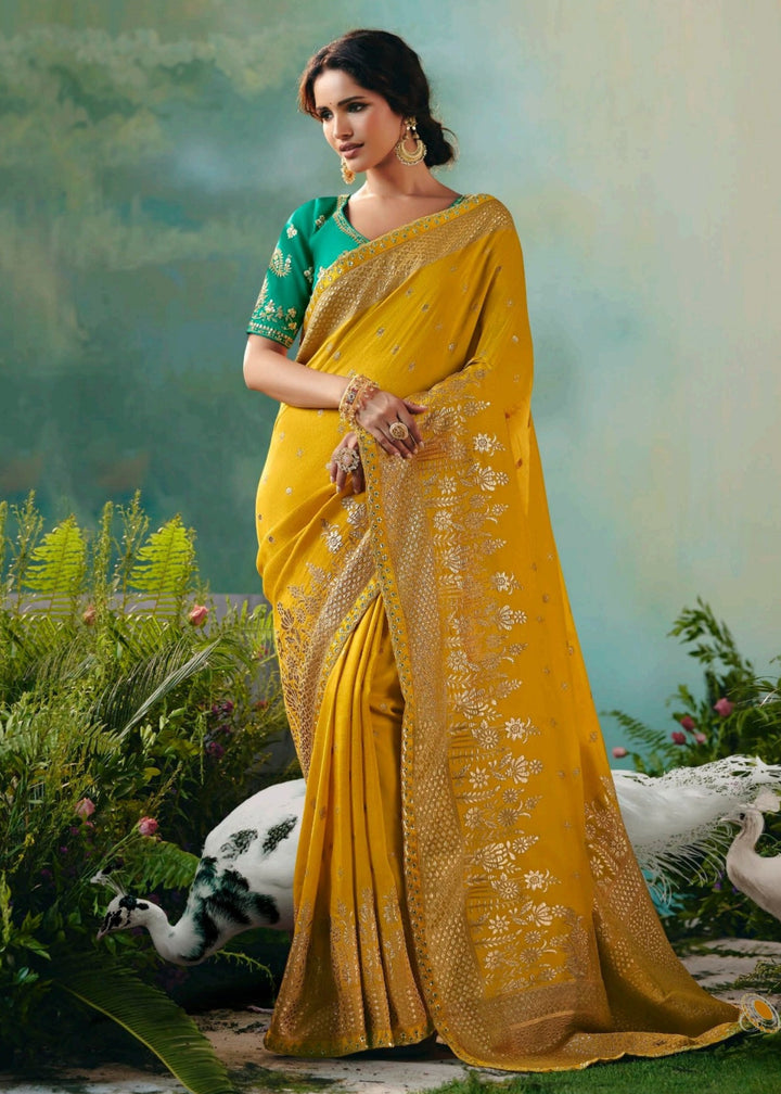 Golden Yellow Pure Viscose Dola Silk Saree with Zari Weaving & Embroidered Blouse