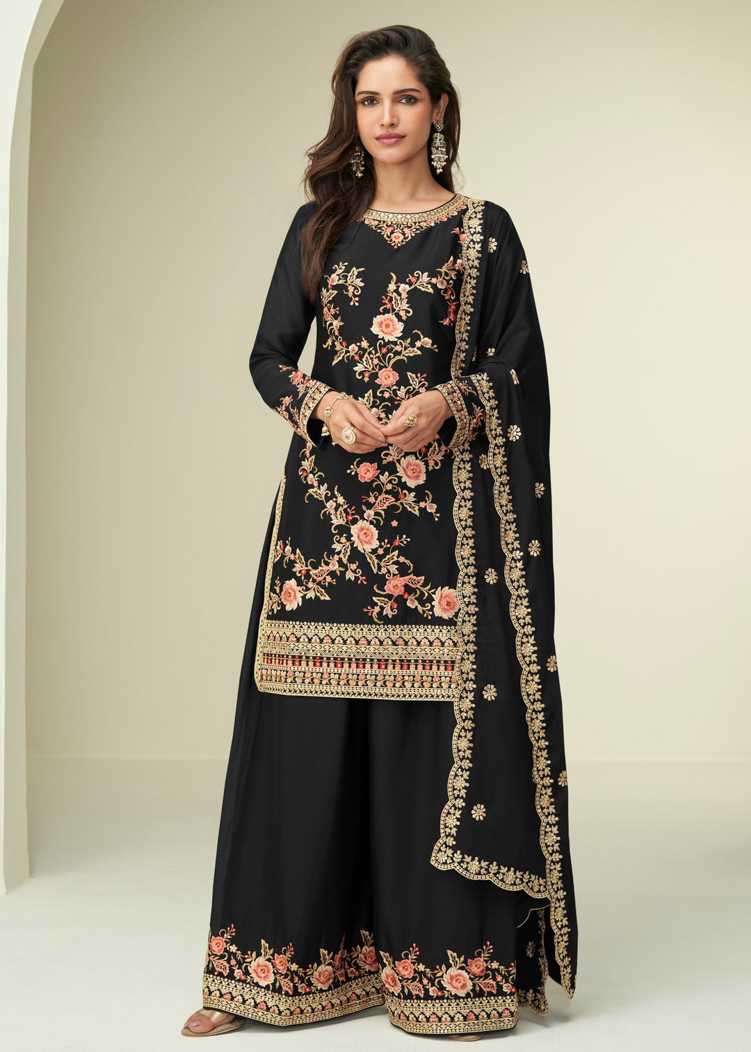 Raven Black Chinon SIlk Plazo Suit With Embroidered Work