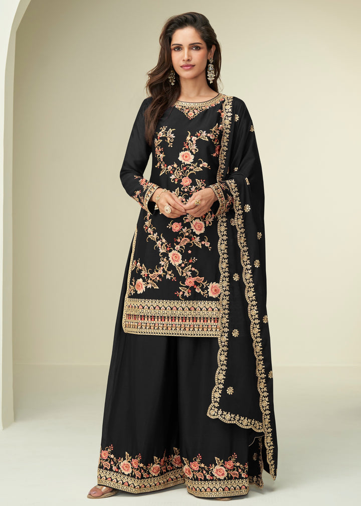 Raven Black Chinon SIlk Plazo Suit With Embroidered Work