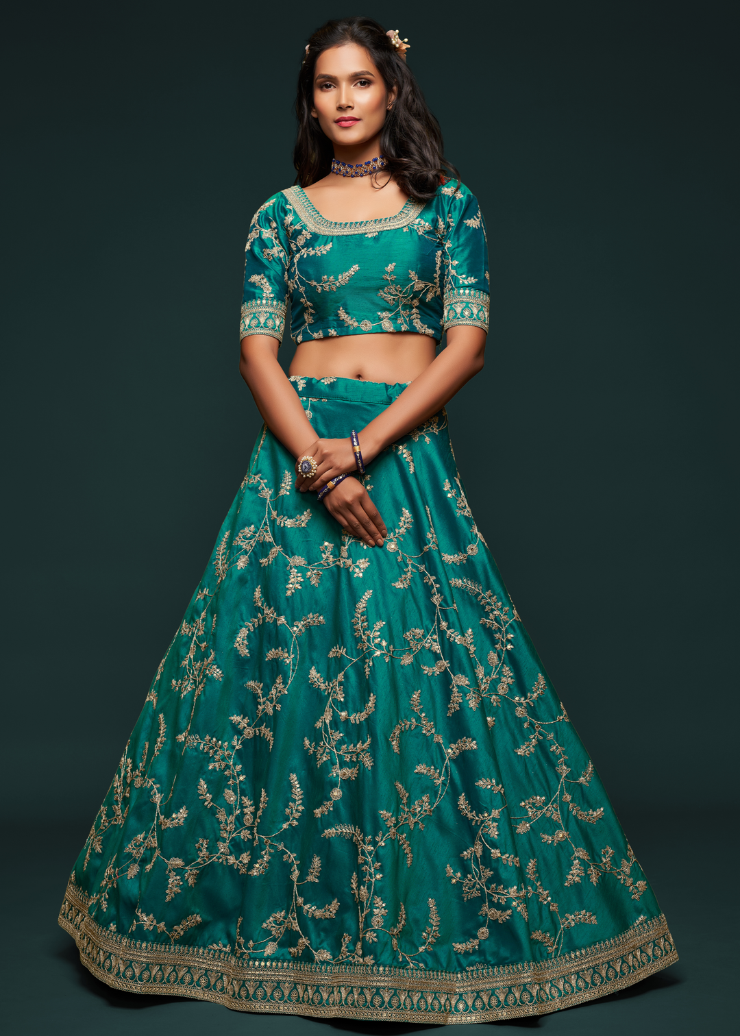 Teal Green Silk Lehenga Choli with Thread,Zari,Dori & Sequins work