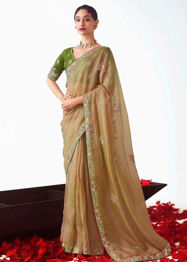 Golden Fancy Fabric Silk Saree With Hand Embroidered Work And Cut Work Border