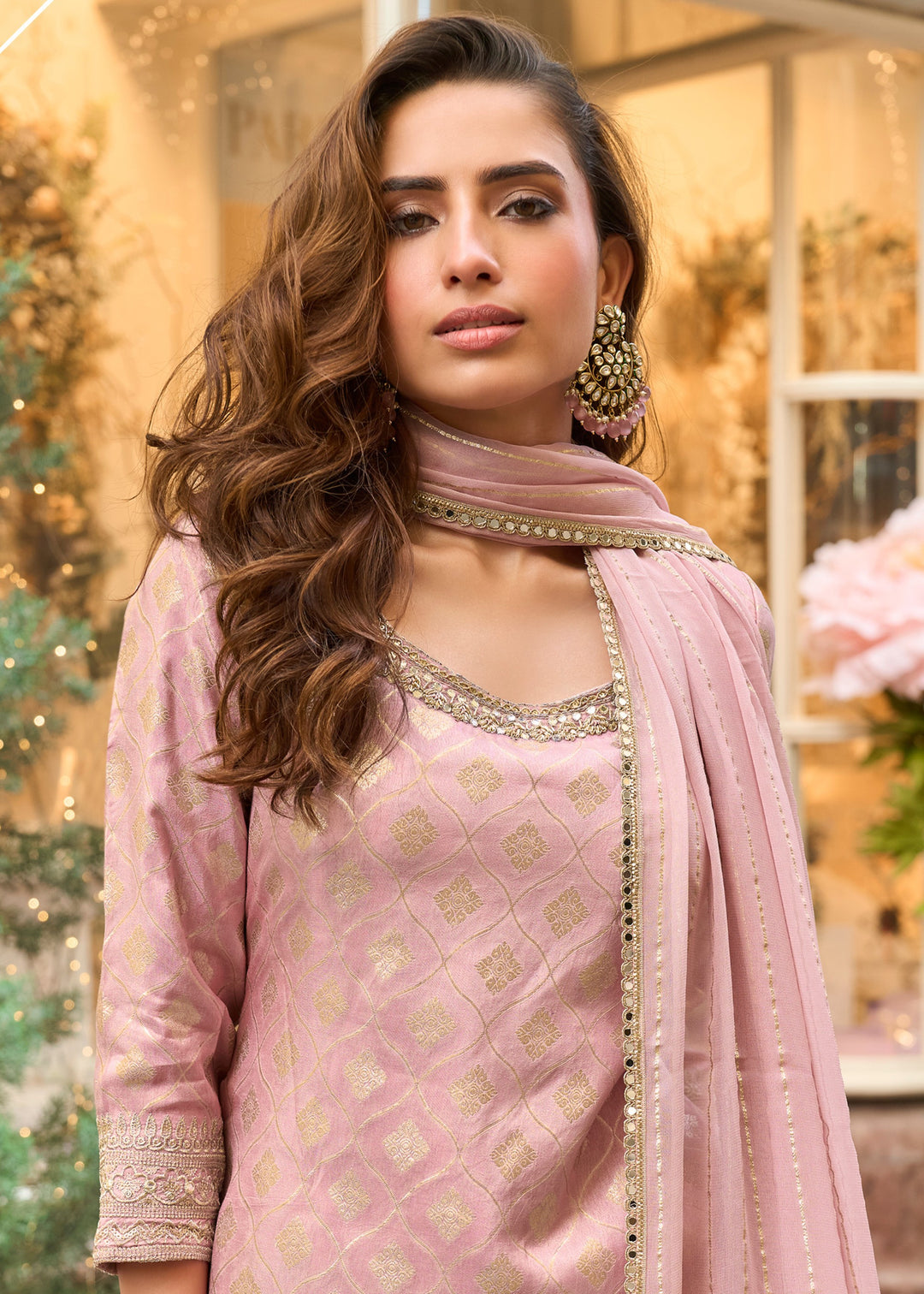 Pastel Pink Viscose Simar Jacquard Silk Palazzo Suit