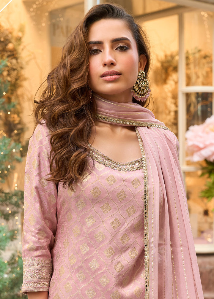 Pastel Pink Viscose Simar Jacquard Silk Palazzo Suit