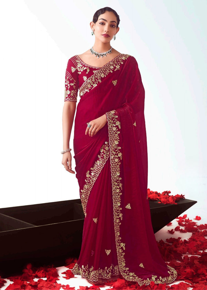 Maroon Red Fancy Fabric Silk Saree With Hand Embroidered Work And Cut Work Border