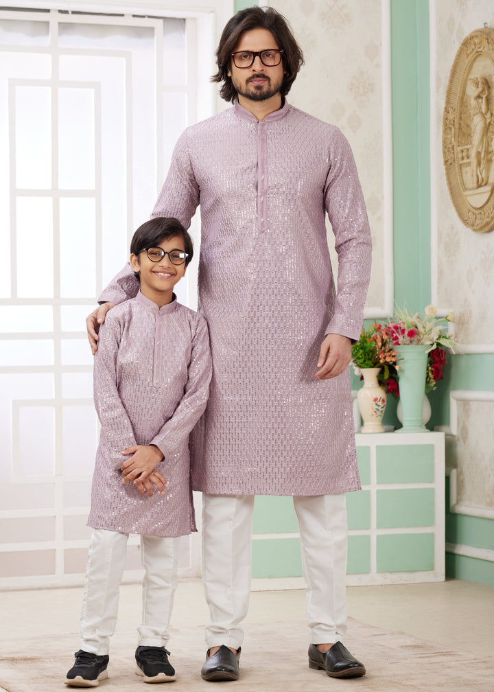 Thistle Purple Silk Mens Kurta Set With Thread Embroidery Work