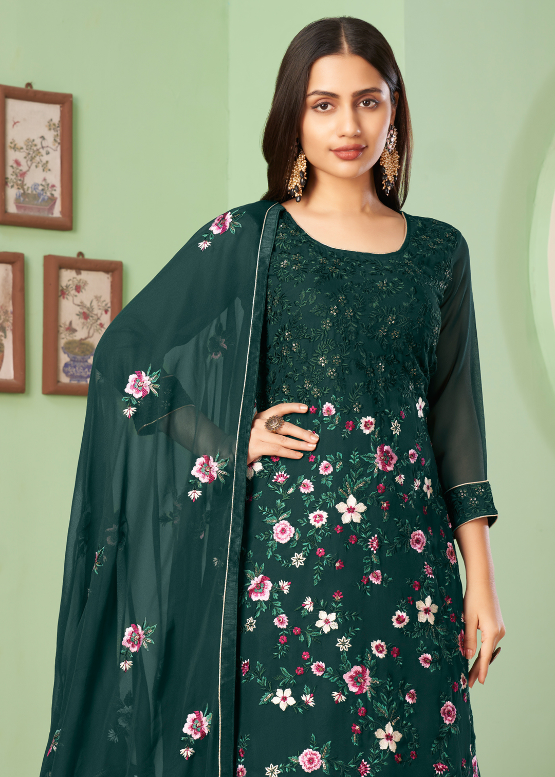 Sacramento Green Georgette Salwar Suit with Multi Colour Thread Embroidery & Sequence work