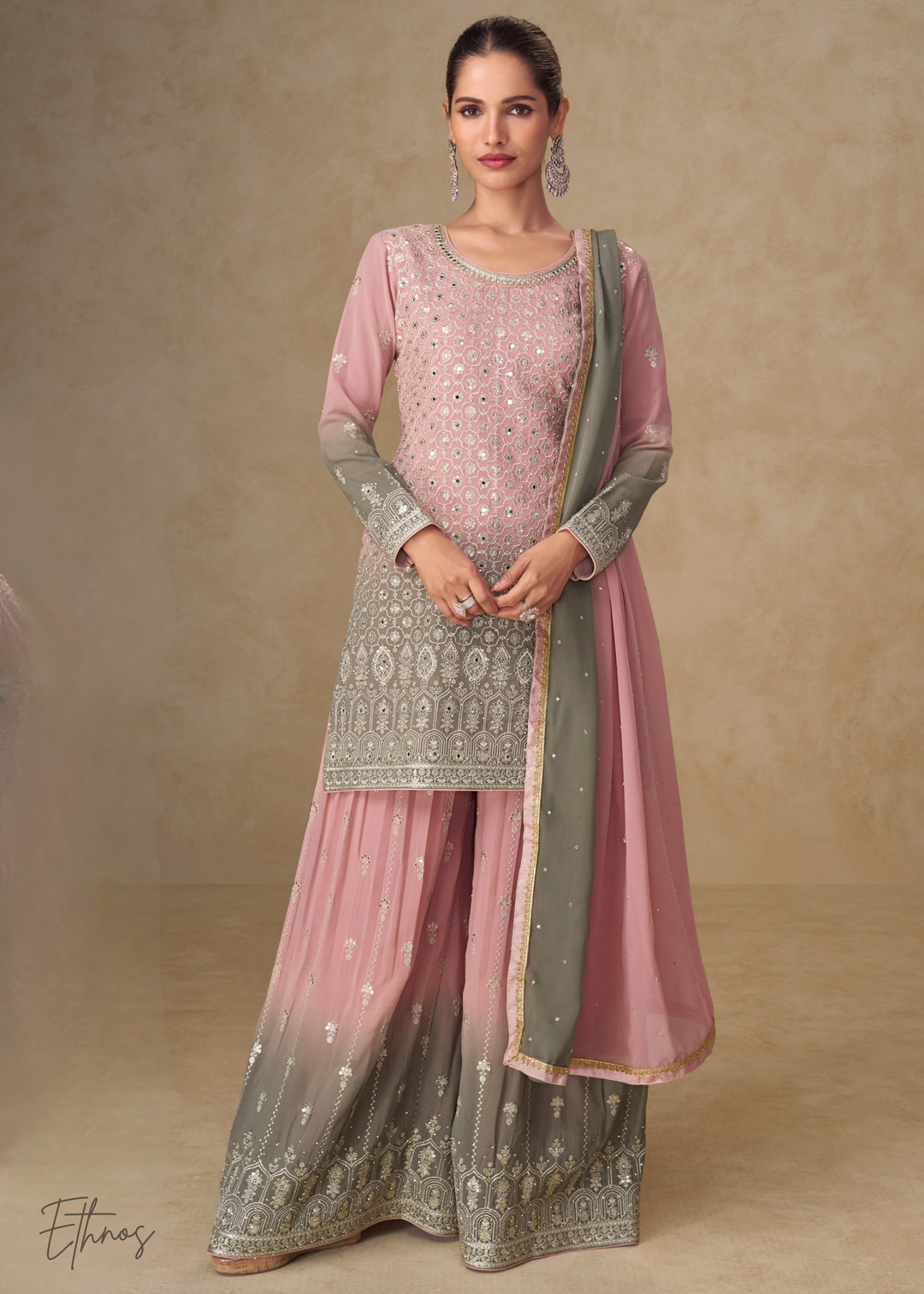 Blush Pink And Olive Grey Georgette Salwar Suit