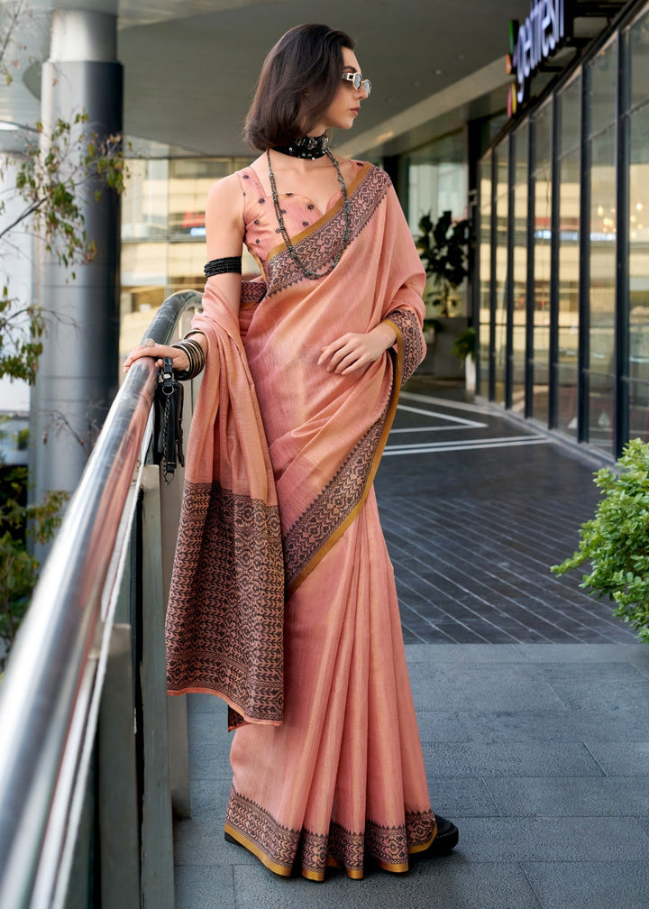 Peach Pink Linen Tissue Silk Saree
