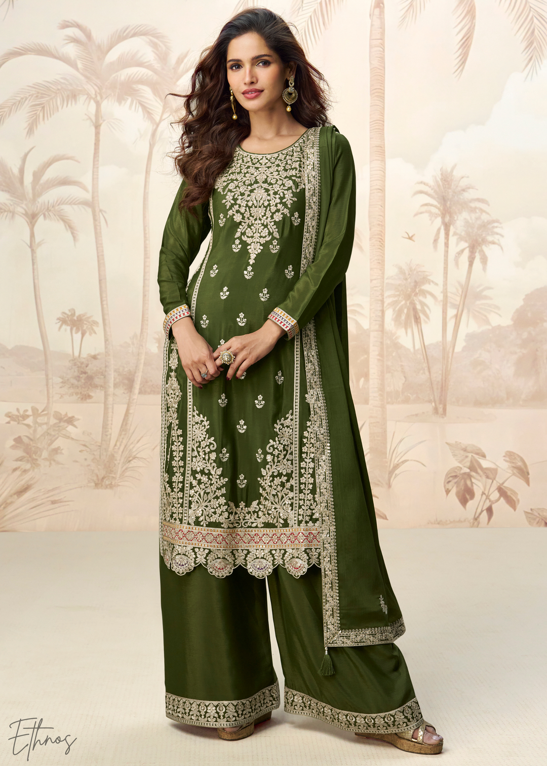 Moss Green Chinnon Silk Palazzo Suit