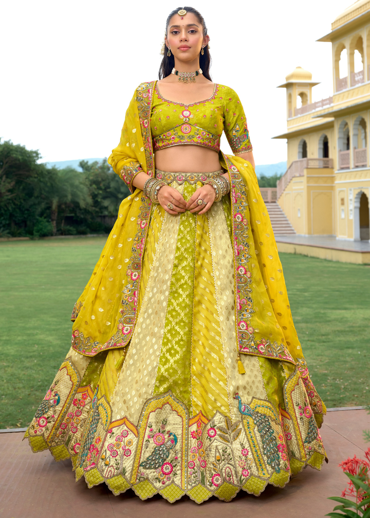 Lime Yellow And Green Silk Lehenga With Cut Work Border And Embroidery