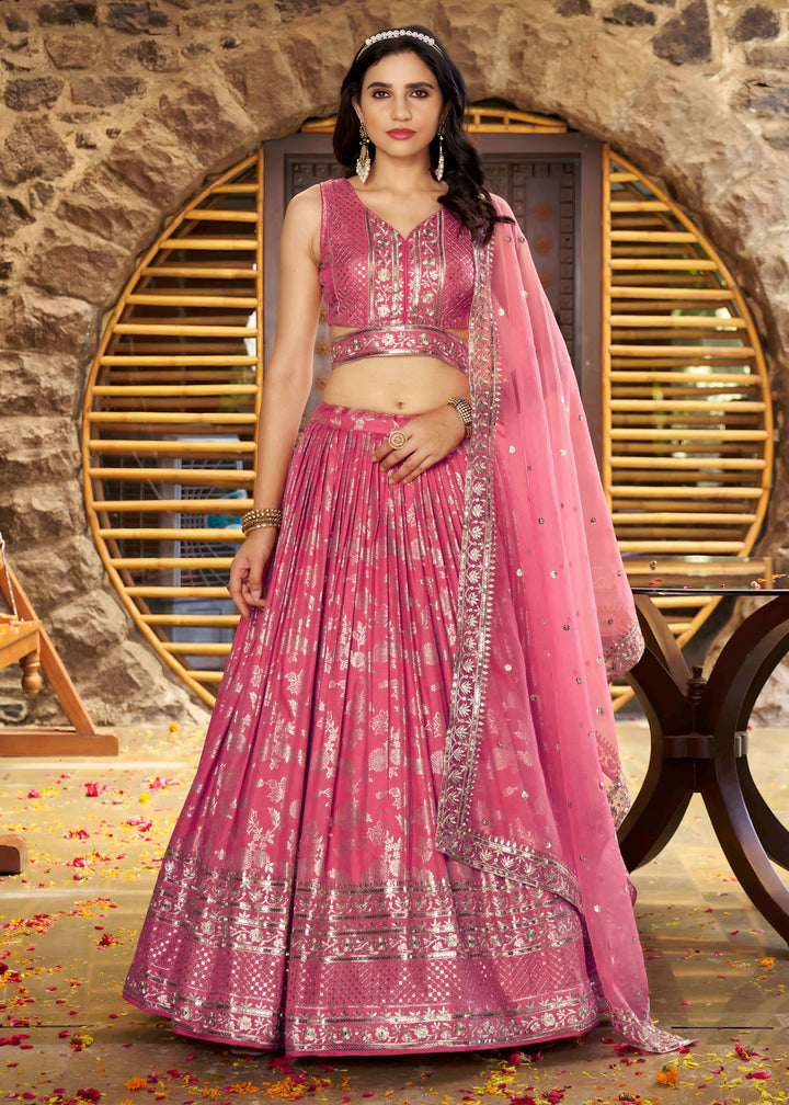 Peach Sequins and Zari Embroidery Work Silk Lehenga