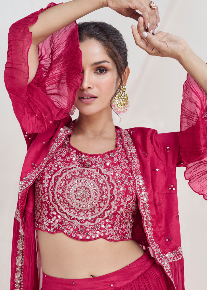 Magenta Pink Embroidered Georgette Top & Skirt Set with Jacket