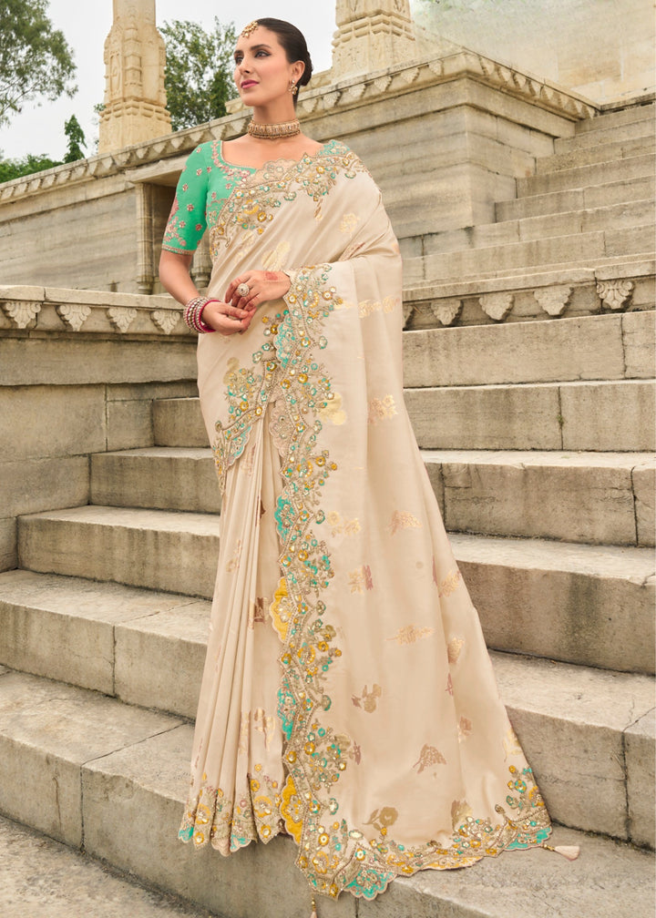 Cream Silk Saree With Embroidery