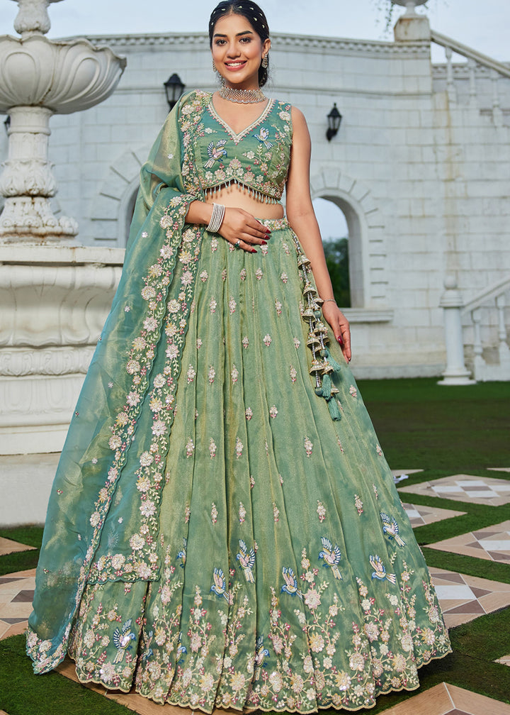 Green Tissue Lehenga Choli with Beads & Sequince Embroidered