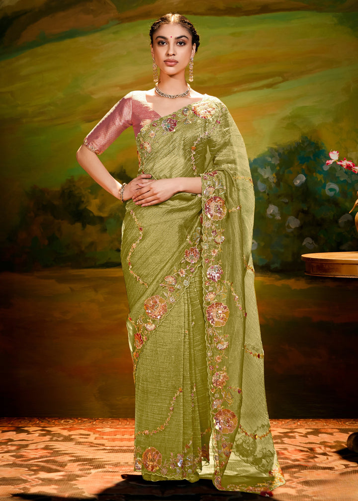 Pear Green Saree With Embroidery And Handwork Designer Cut Border