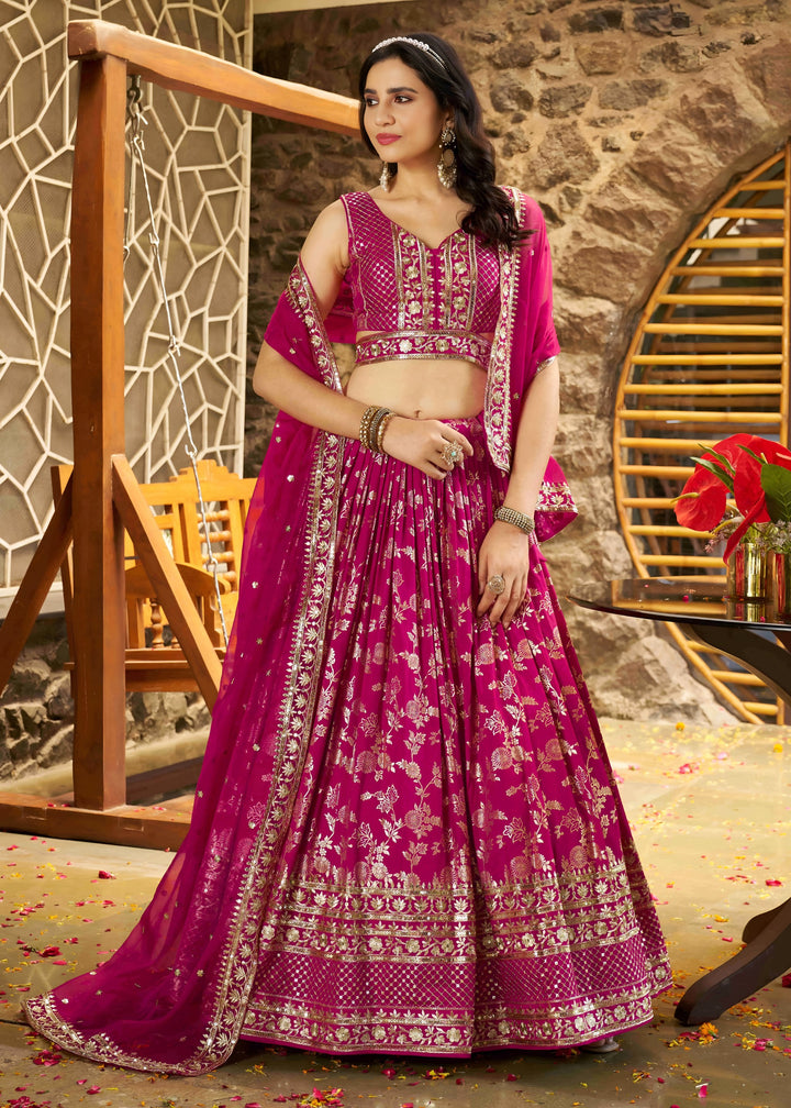 Rani Pink Sequins and Zari Embroidery Work Silk Lehenga