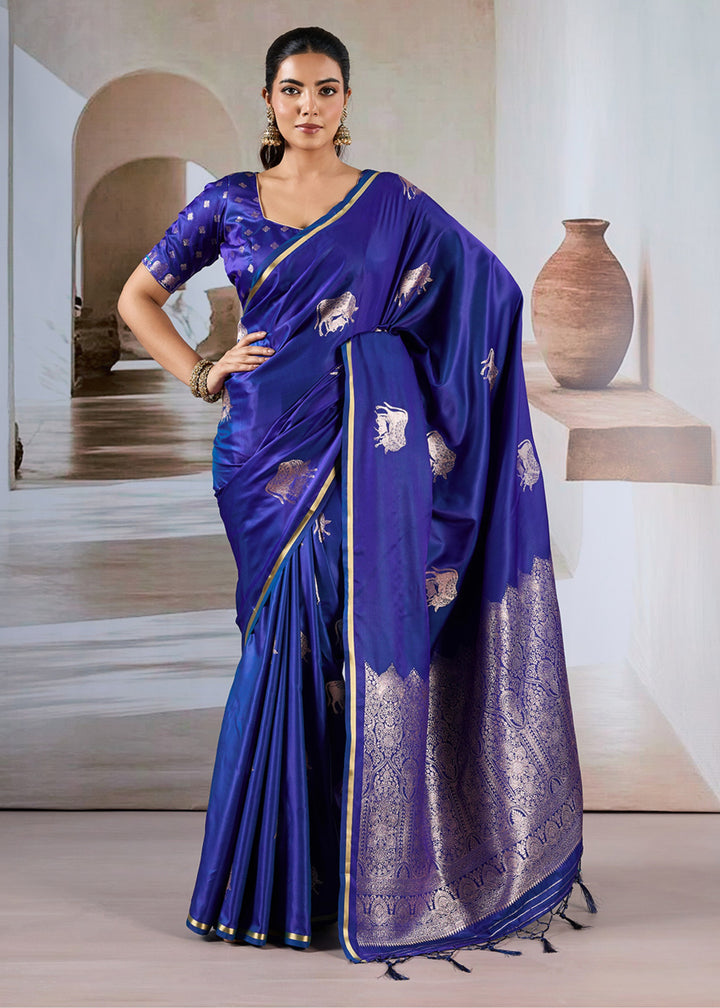 Blue Pure Satin Handloom Weaving Saree