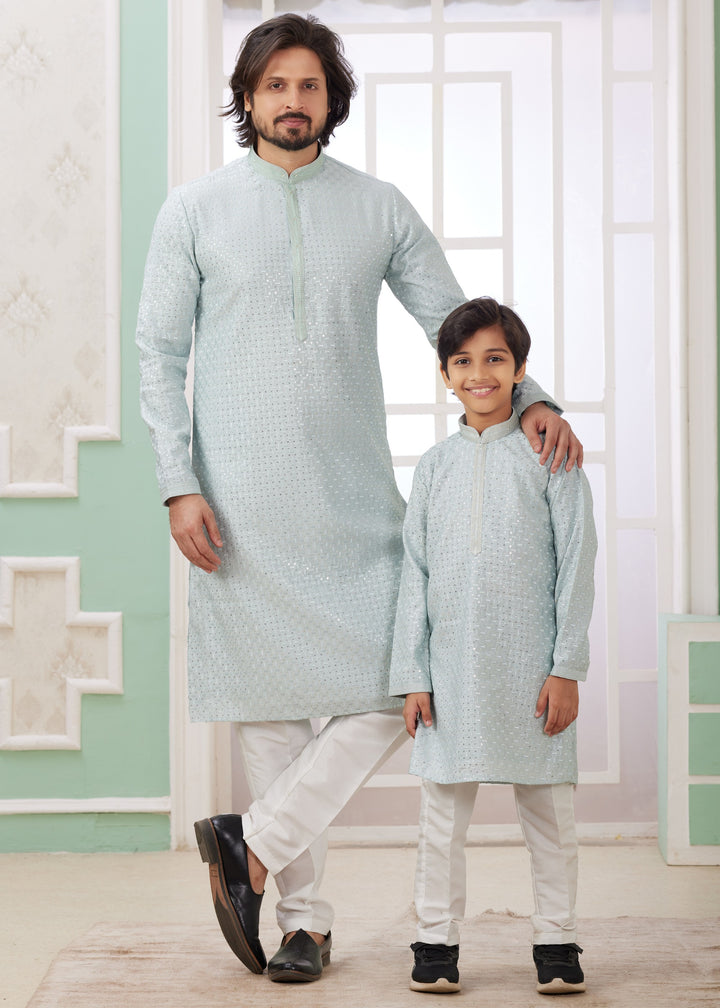 Light Blue Silk Kurta Set With Thread Embroidery Work