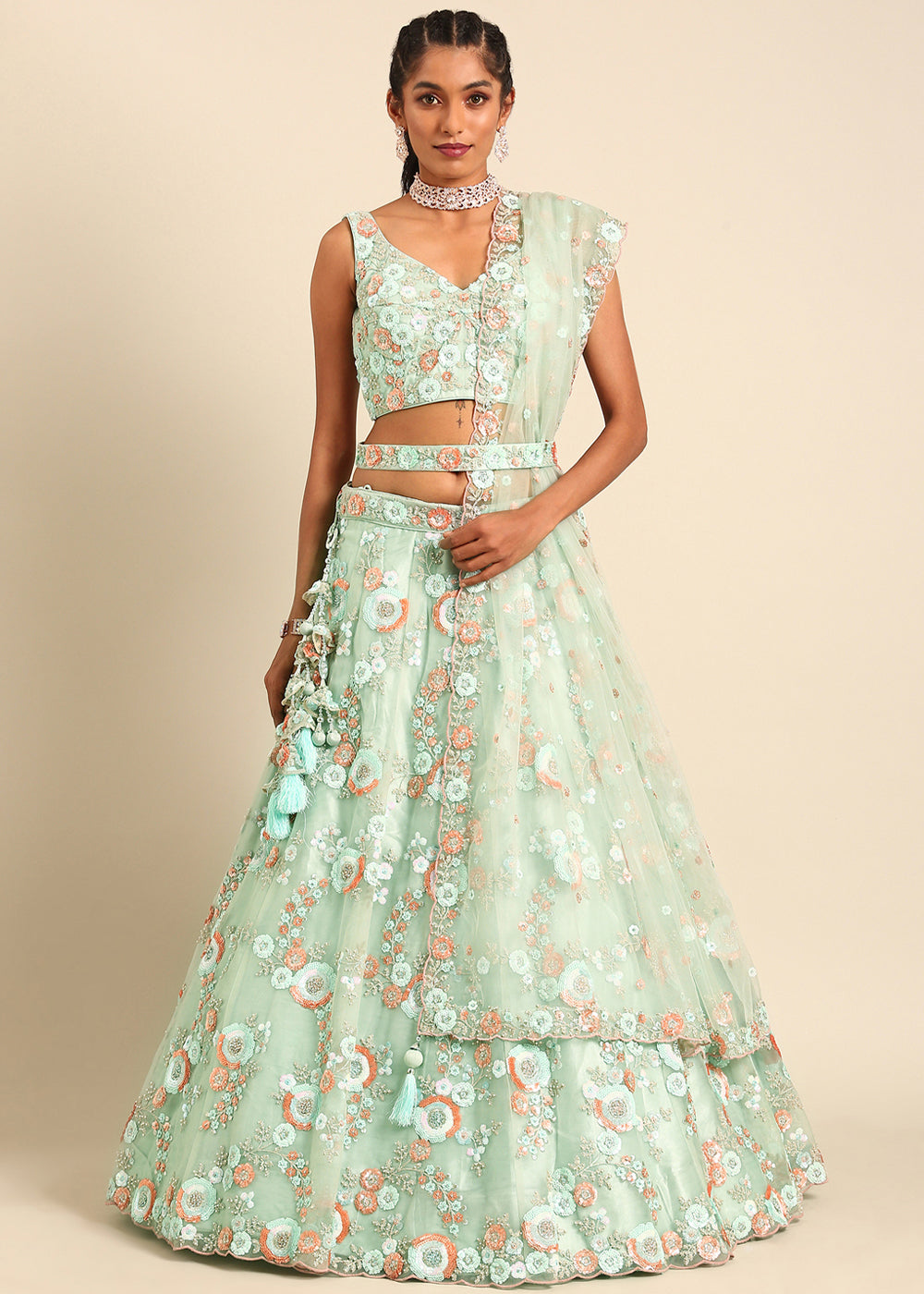 Shades Of Green Net Lehenga Choli with Sequins & Zarkan Embroidery work