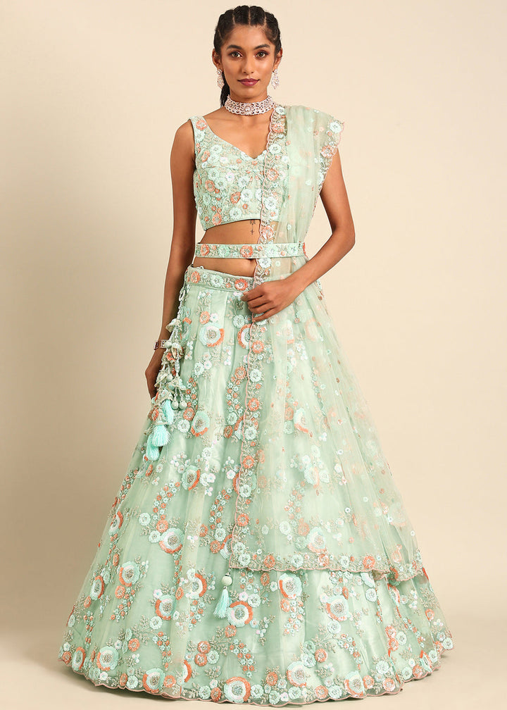 Shades Of Green Net Lehenga Choli with Sequins & Zarkan Embroidery work