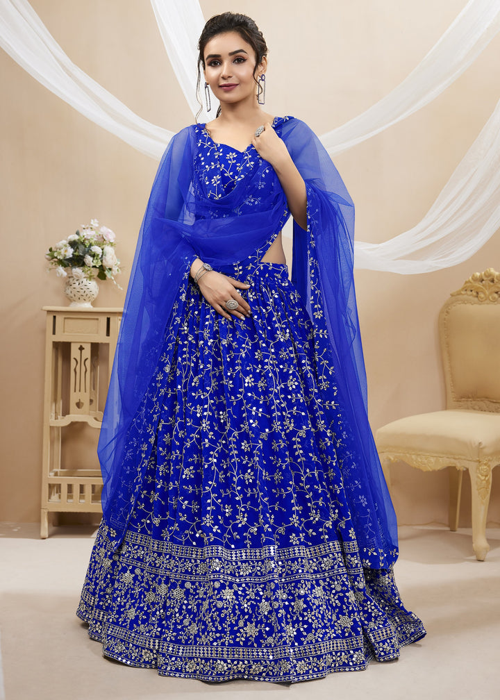Cobalt Blue Georgette Lehenga Choli With Sequins Zari Embroidered Work