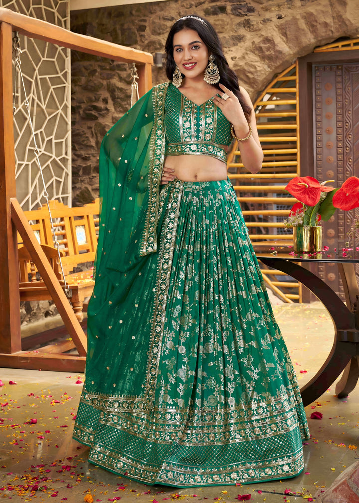 Rama Green Sequins and Zari Embroidery Work Silk Lehenga