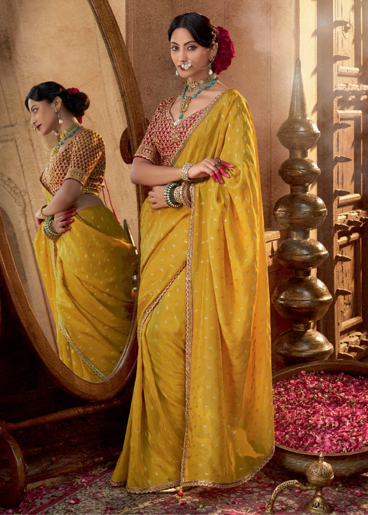 Yellow Pure Viscous Crepe based fabric with Hand dying & Butti weaving Saree