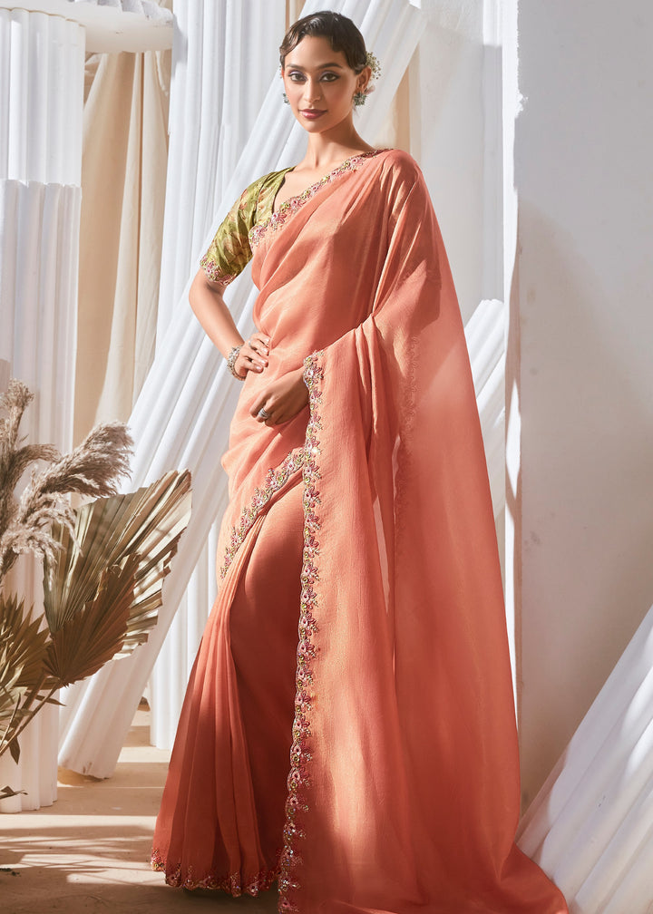 Salmon Orange Fancy Silk Saree With Printed Blouse