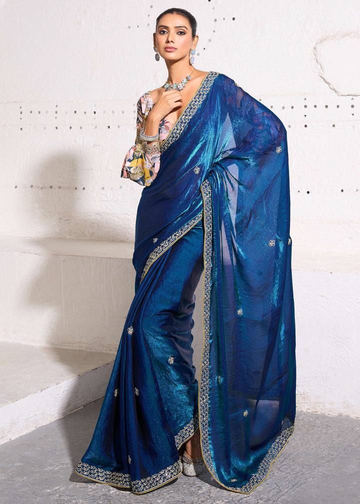 Admiral Blue Gold Crush Tissue Silk Saree With Beautiful Blouse