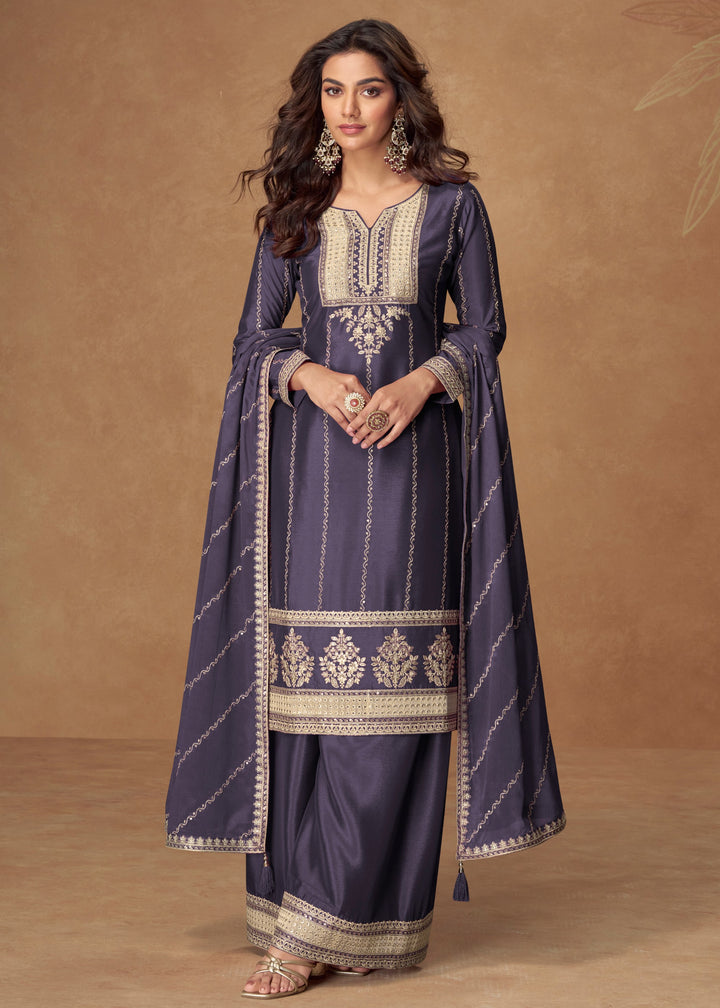 Navy Blue Premium Chinnon Silk Salwar Suit